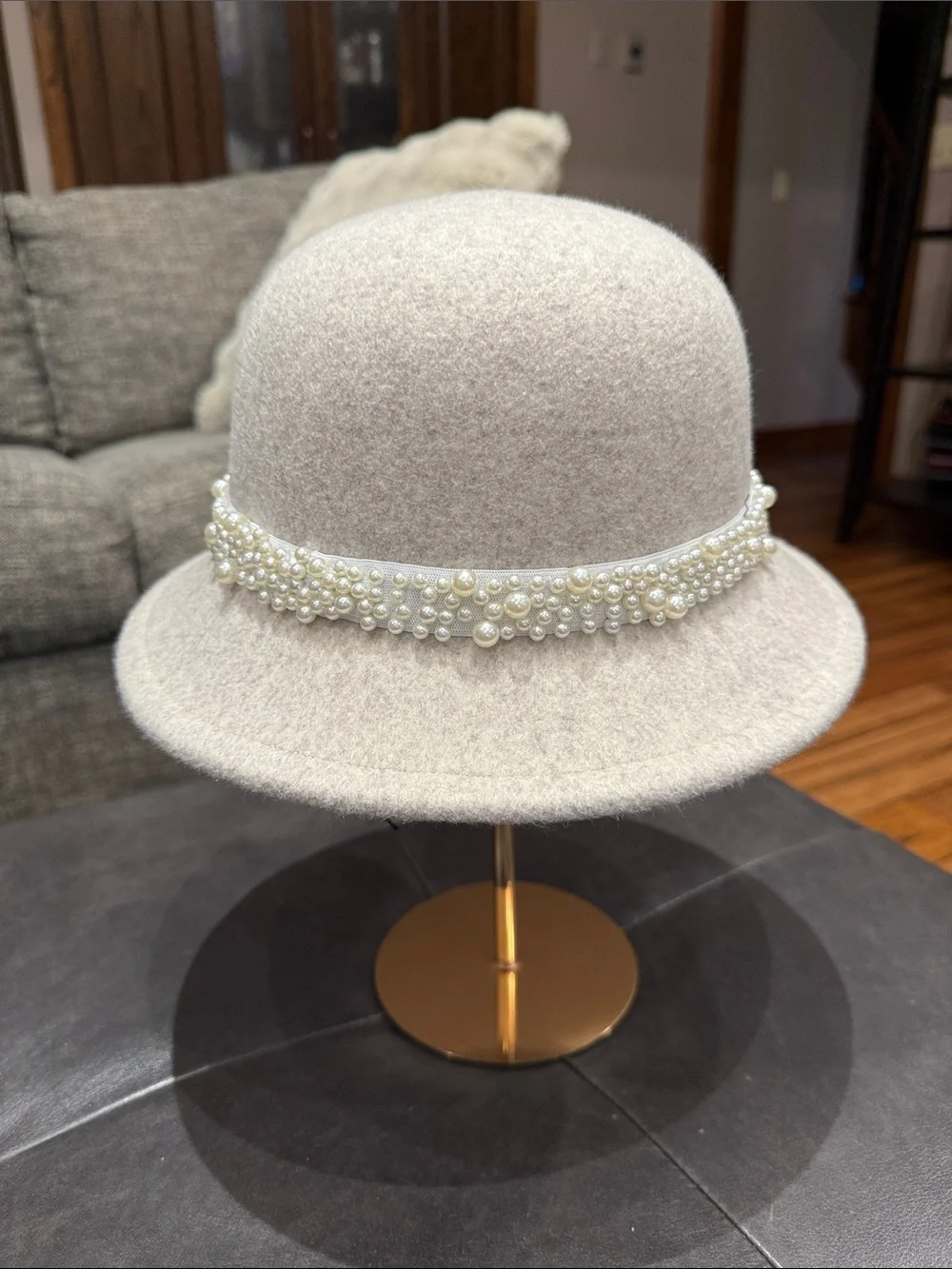 NWOT Women’s Cream Wool Elegant Cloche Hat with Pearl Trim Detail